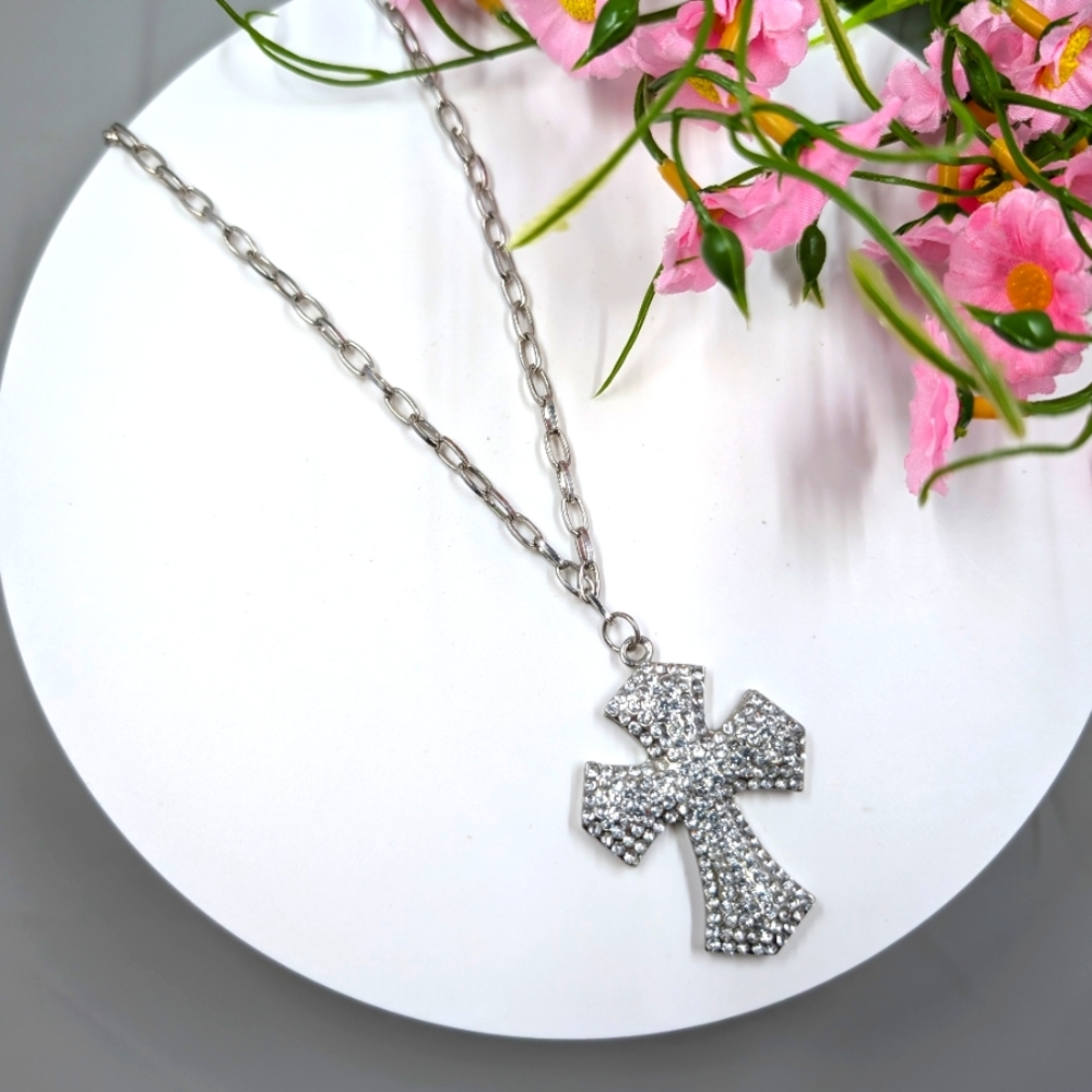 Crystal Studded Large Bubble Cross Vintage Necklace
